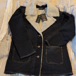 DG2 by Diane Gilman Women's  Denim Sherpa Coat Black Sz M